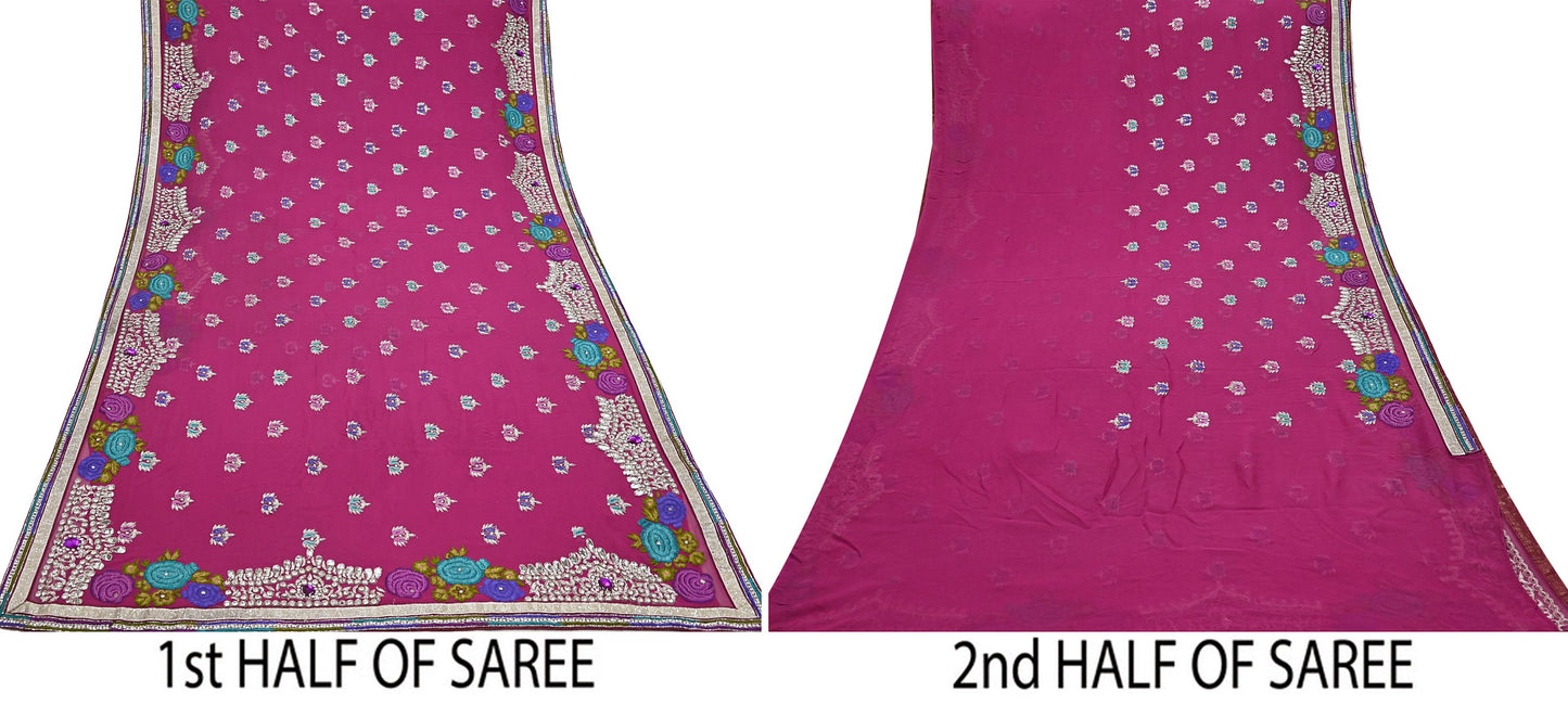 Indian Vintage Sari Rani Pink Pure Georgette Silk Hand Embroidered Sarees Ethnic Fabric 5Yd Sewing Soft Ethnic Glass Beaded Wedding Sarees