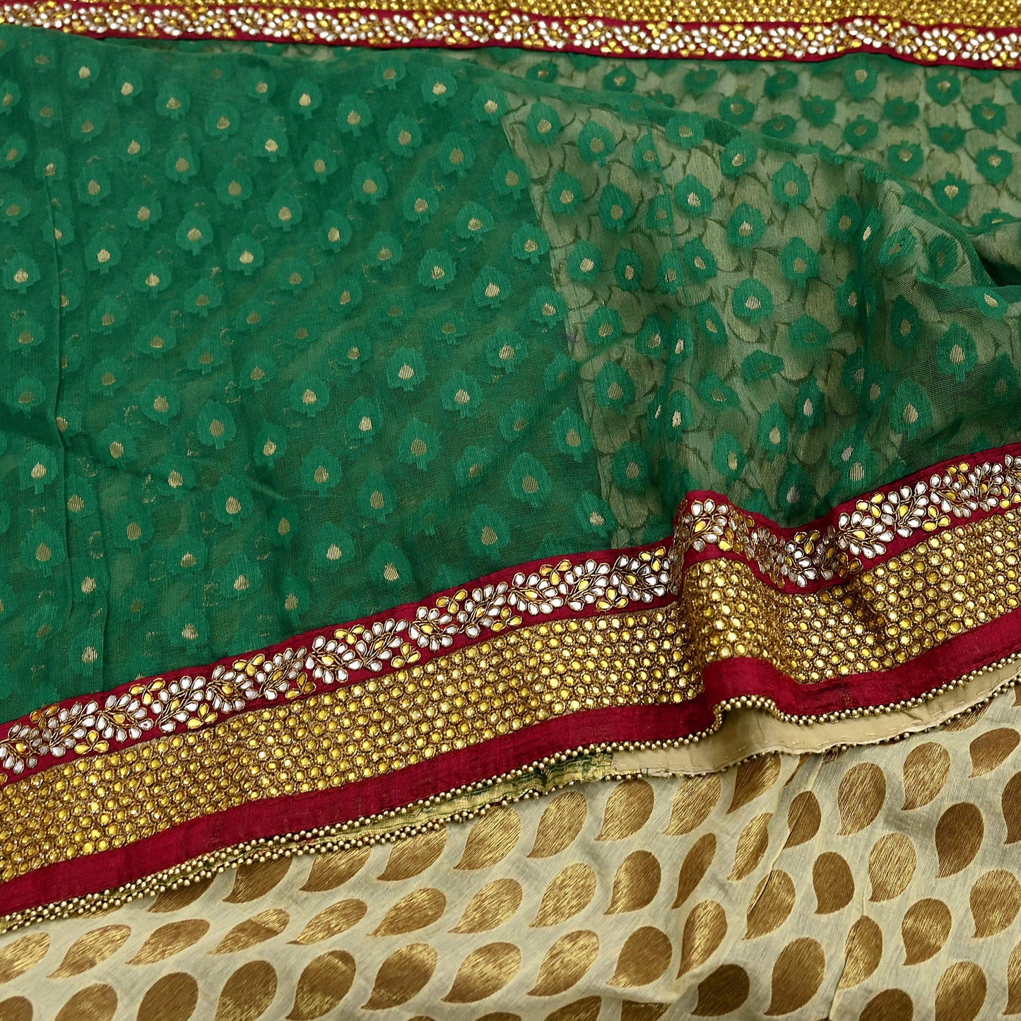 Indian Vintage Heavy Sarees Beige & Green Pure Cotton Hand Embrooidered Jamdani Sari 6yd Ethnic Floral Craft Fabric Dress making Upcycle