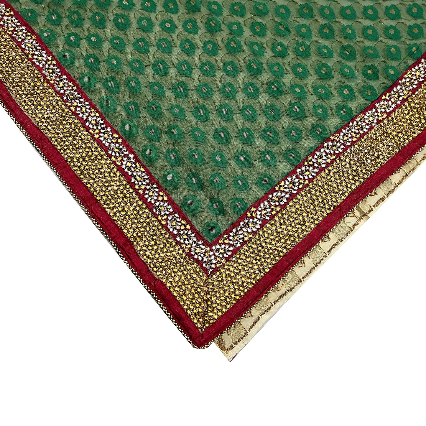 Indian Vintage Heavy Sarees Beige & Green Pure Cotton Hand Embrooidered Jamdani Sari 6yd Ethnic Floral Craft Fabric Dress making Upcycle