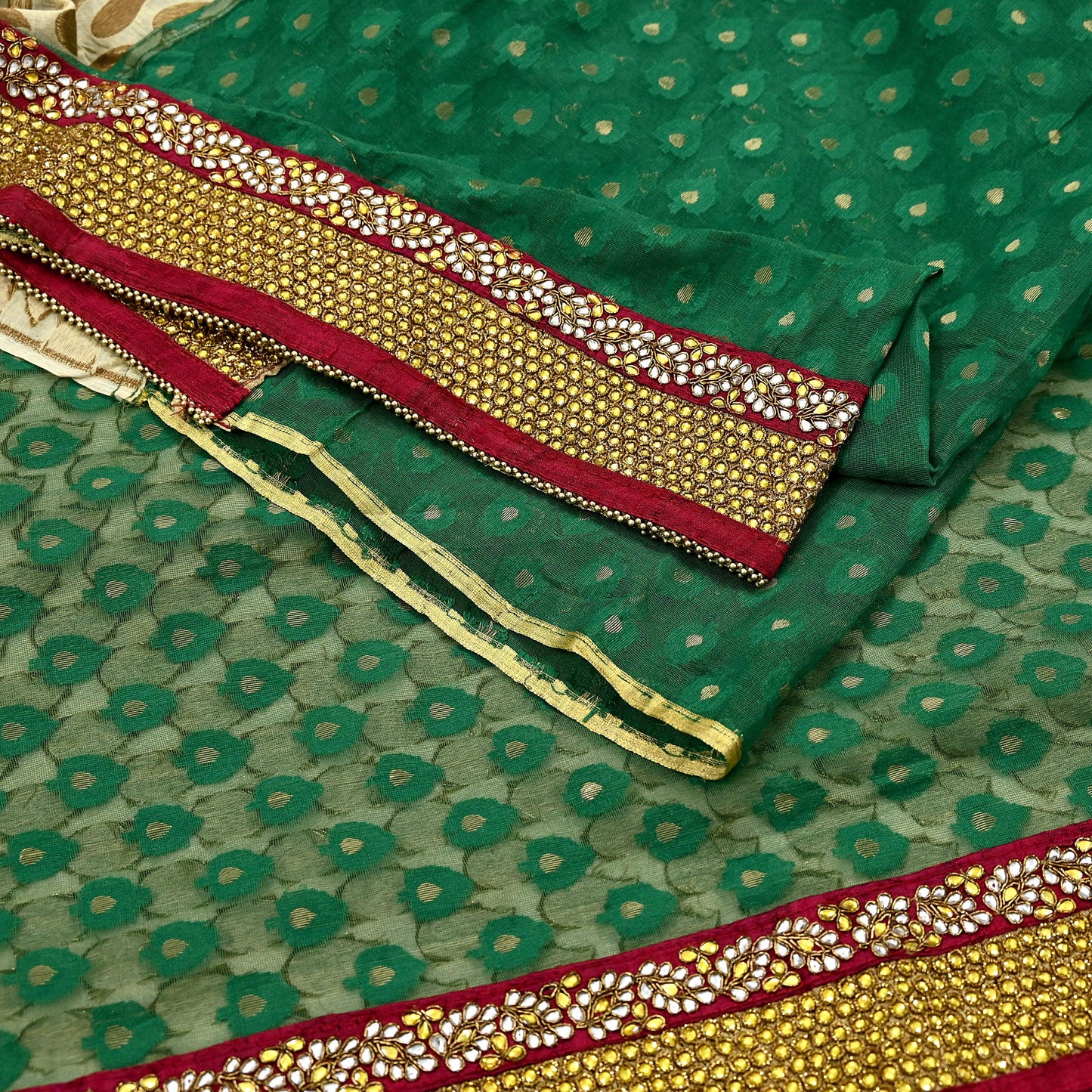 Indian Vintage Heavy Sarees Beige & Green Pure Cotton Hand Embrooidered Jamdani Sari 6yd Ethnic Floral Craft Fabric Dress making Upcycle