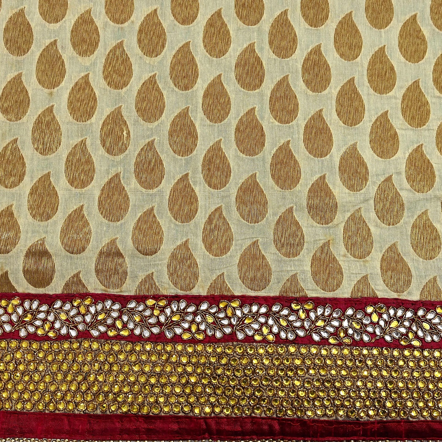 Indian Vintage Heavy Sarees Beige & Green Pure Cotton Hand Embrooidered Jamdani Sari 6yd Ethnic Floral Craft Fabric Dress making Upcycle