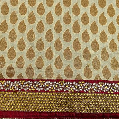 Indian Vintage Heavy Sarees Beige & Green Pure Cotton Hand Embrooidered Jamdani Sari 6yd Ethnic Floral Craft Fabric Dress making Upcycle