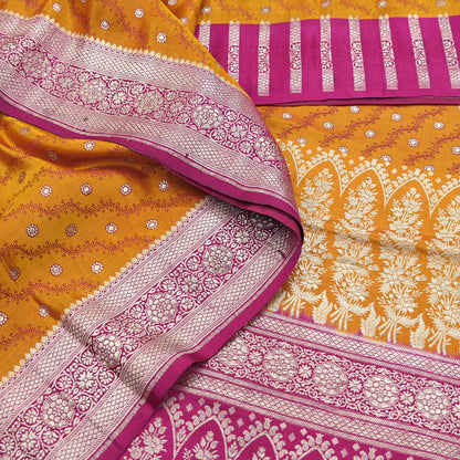 Indian Vintage Sari Heavy Wedding Pure Satin Silk Saffron & Pink saree Banarasi Brocade Saree Golden Zari 5Yard Fabric Ethnic Dressmaking
