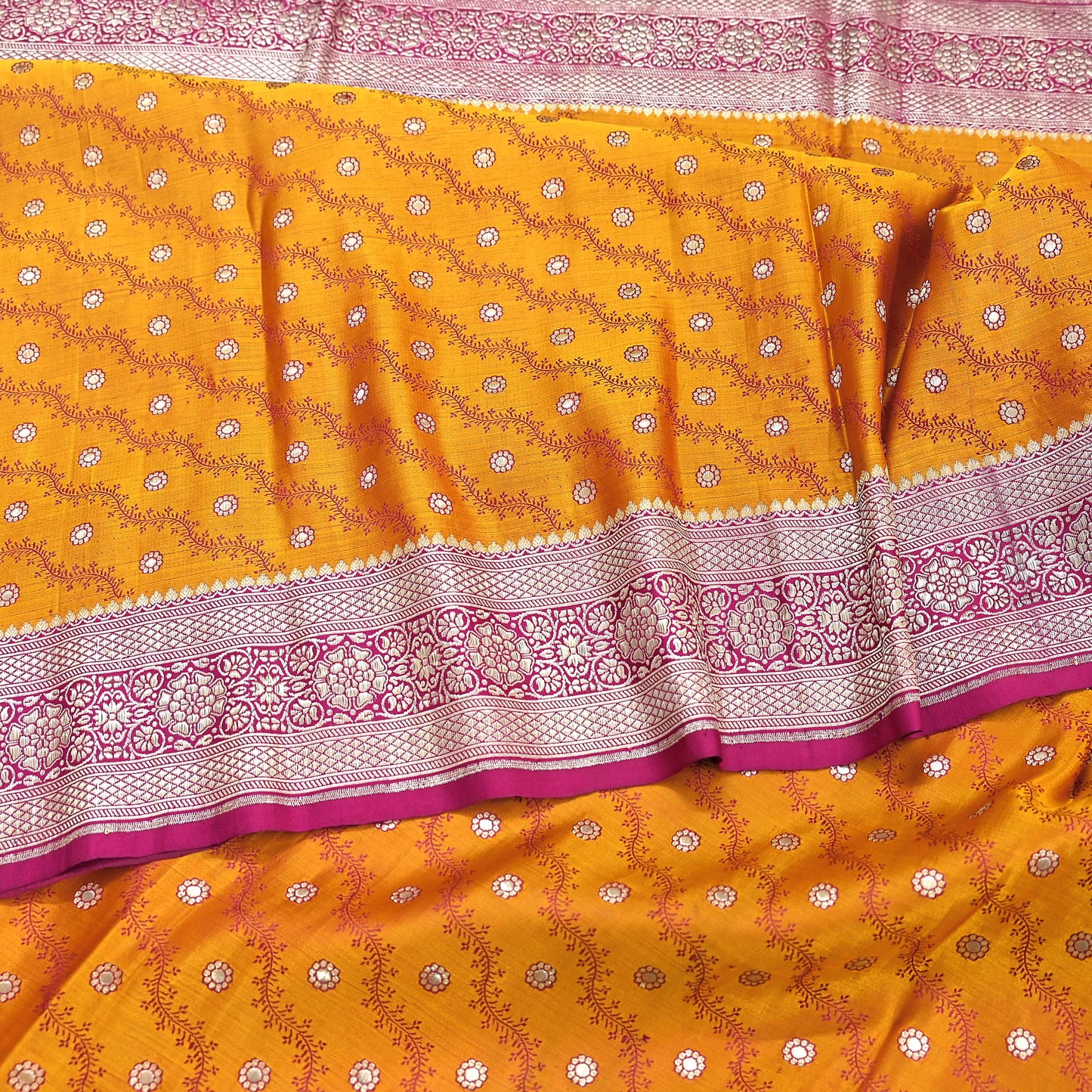 Indian Vintage Sari Heavy Wedding Pure Satin Silk Saffron & Pink saree Banarasi Brocade Saree Golden Zari 5Yard Fabric Ethnic Dressmaking