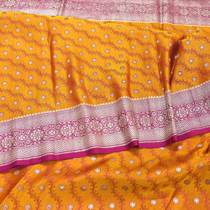 Indian Vintage Sari Heavy Wedding Pure Satin Silk Saffron & Pink saree Banarasi Brocade Saree Golden Zari 5Yard Fabric Ethnic Dressmaking