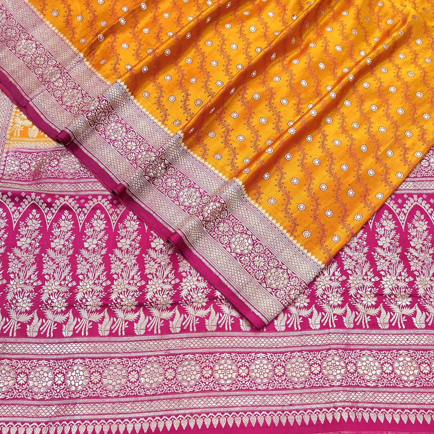 Indian Vintage Sari Heavy Wedding Pure Satin Silk Saffron & Pink saree Banarasi Brocade Saree Golden Zari 5Yard Fabric Ethnic Dressmaking