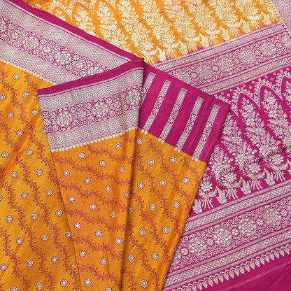 Indian Vintage Sari Heavy Wedding Pure Satin Silk Saffron & Pink saree Banarasi Brocade Saree Golden Zari 5Yard Fabric Ethnic Dressmaking