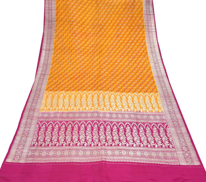 Indian Vintage Sari Heavy Wedding Pure Satin Silk Saffron & Pink saree Banarasi Brocade Saree Golden Zari 5Yard Fabric Ethnic Dressmaking