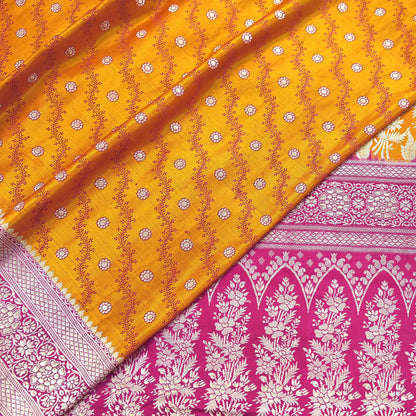 Indian Vintage Sari Heavy Wedding Pure Satin Silk Saffron & Pink saree Banarasi Brocade Saree Golden Zari 5Yard Fabric Ethnic Dressmaking