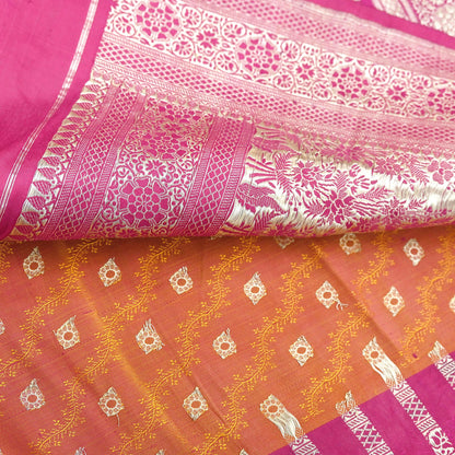 Indian Vintage Sari Heavy Wedding Pure Satin Silk Saffron & Pink saree Banarasi Brocade Saree Golden Zari 5Yard Fabric Ethnic Dressmaking