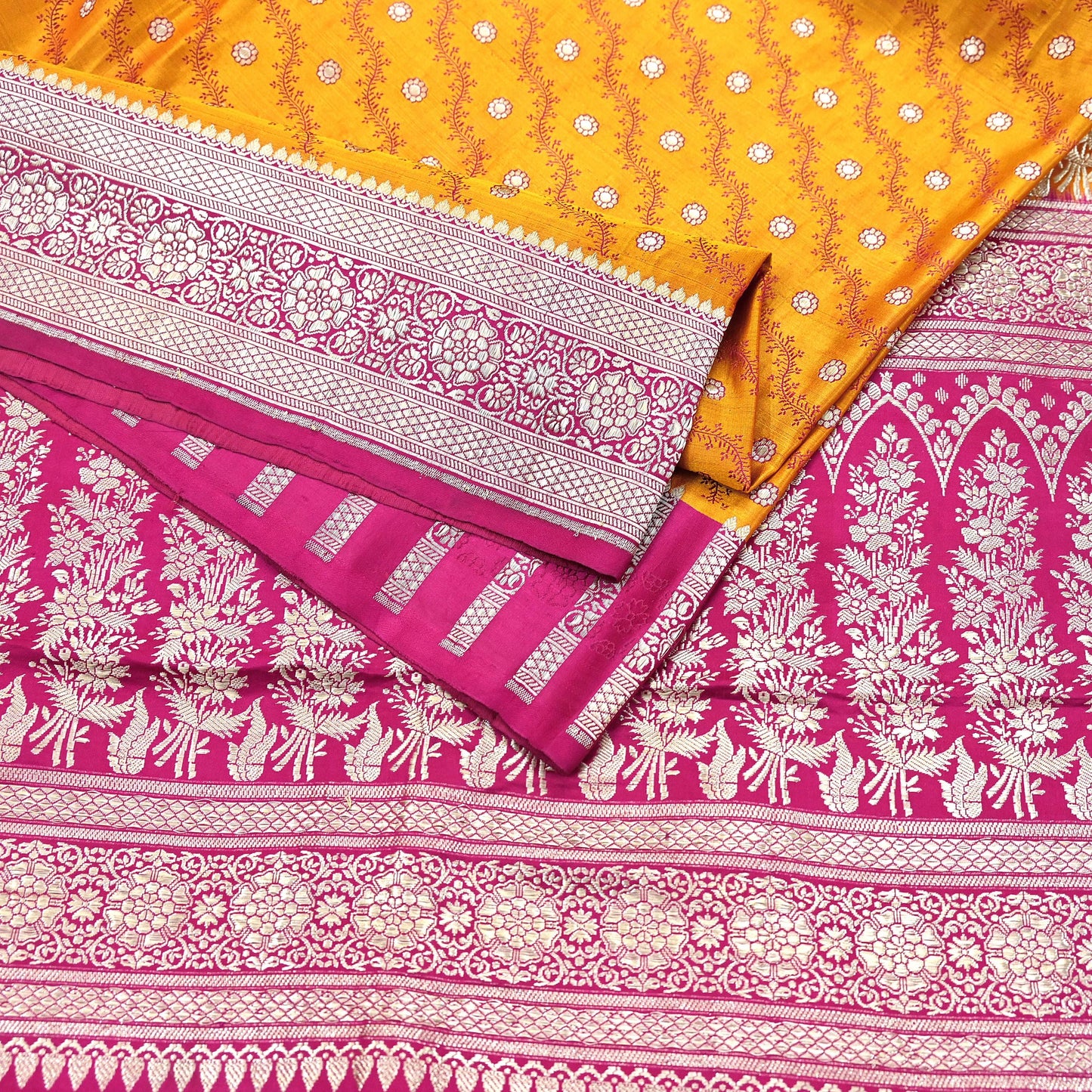 Indian Vintage Sari Heavy Wedding Pure Satin Silk Saffron & Pink saree Banarasi Brocade Saree Golden Zari 5Yard Fabric Ethnic Dressmaking