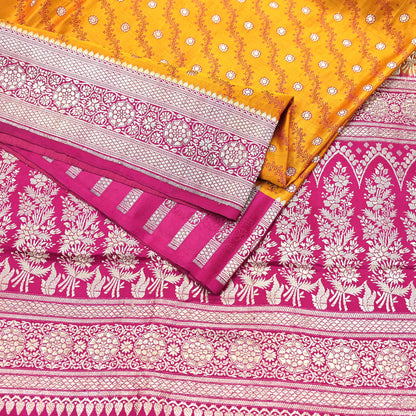 Indian Vintage Sari Heavy Wedding Pure Satin Silk Saffron & Pink saree Banarasi Brocade Saree Golden Zari 5Yard Fabric Ethnic Dressmaking