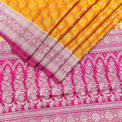 Indian Vintage Sari Heavy Wedding Pure Satin Silk Saffron & Pink saree Banarasi Brocade Saree Golden Zari 5Yard Fabric Ethnic Dressmaking