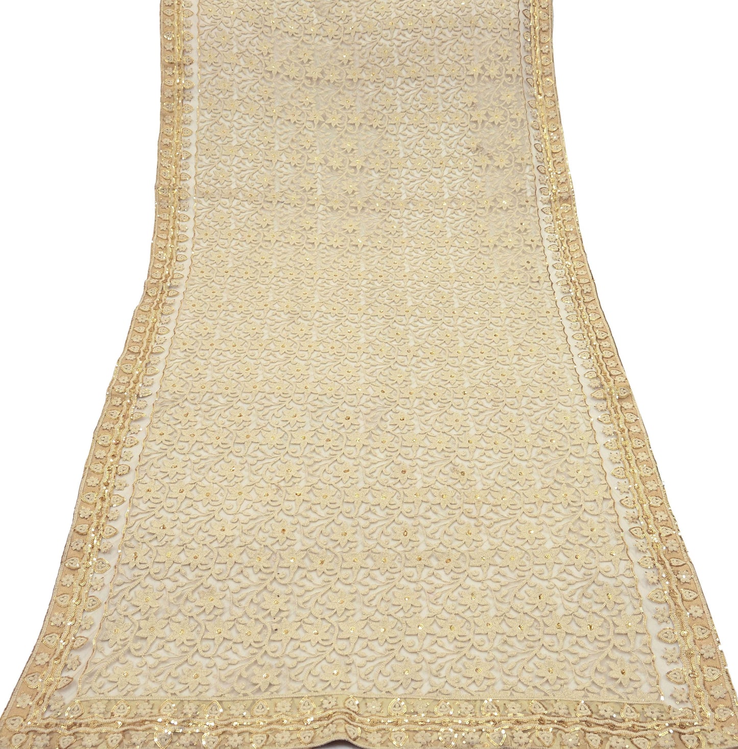 Indian Vintage Beige Dupatta Long Stole Net Mess Hand Embroidered Kantha Scarves Veil Hijab Sequins stole veil hijab