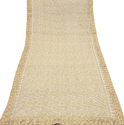 Indian Vintage Beige Dupatta Long Stole Net Mess Hand Embroidered Kantha Scarves Veil Hijab Sequins stole veil hijab