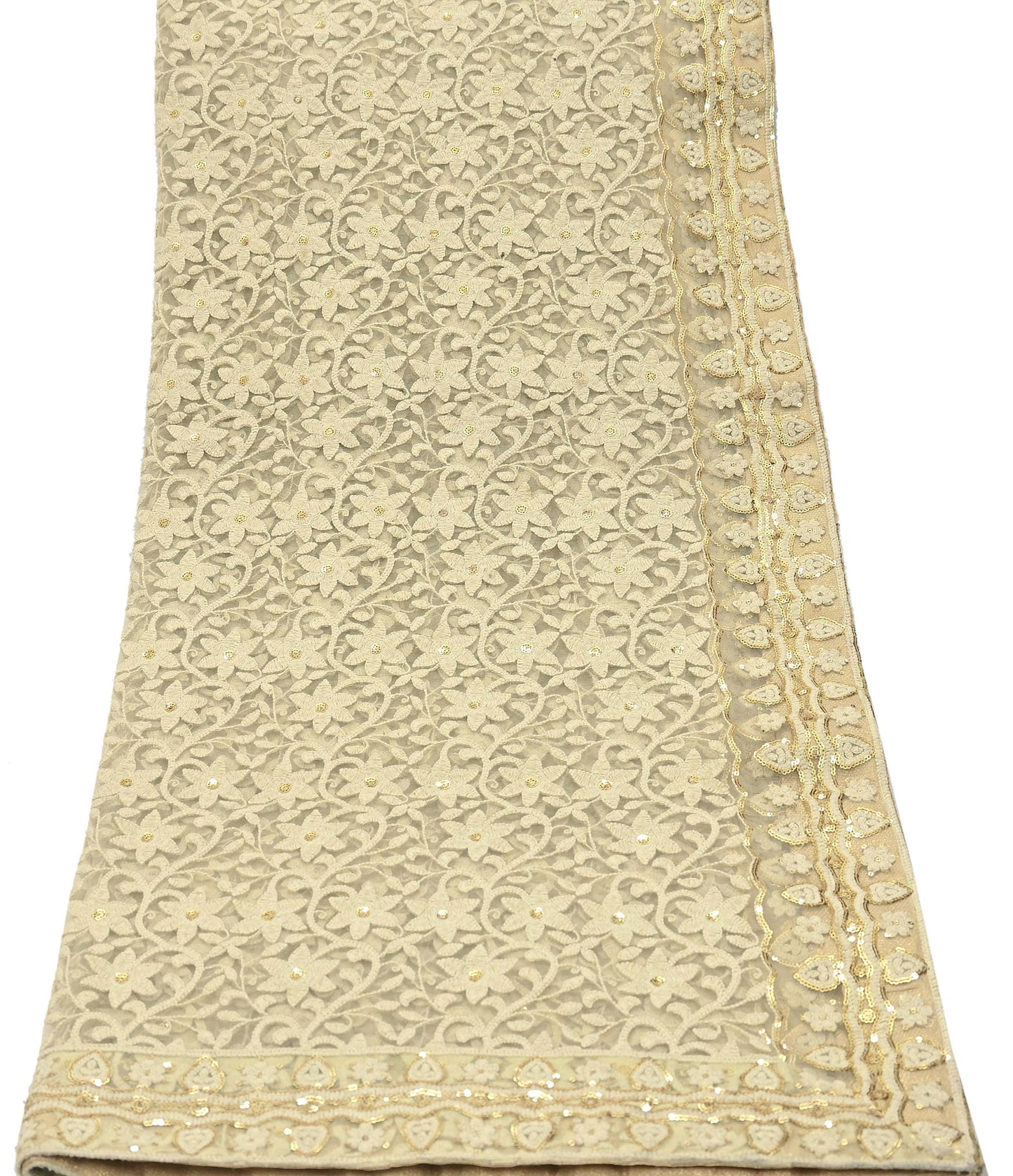 Indian Vintage Beige Dupatta Long Stole Net Mess Hand Embroidered Kantha Scarves Veil Hijab Sequins stole veil hijab