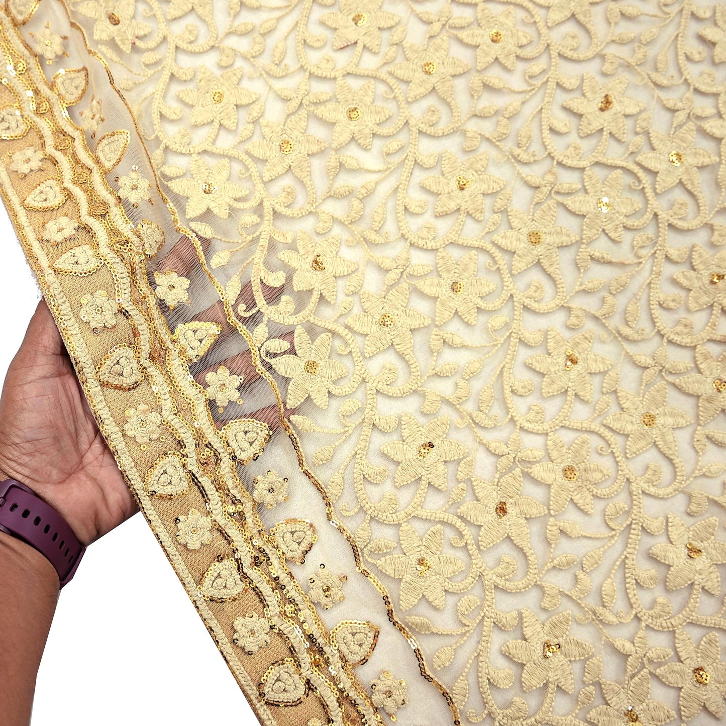 Indian Vintage Beige Dupatta Long Stole Net Mess Hand Embroidered Kantha Scarves Veil Hijab Sequins stole veil hijab