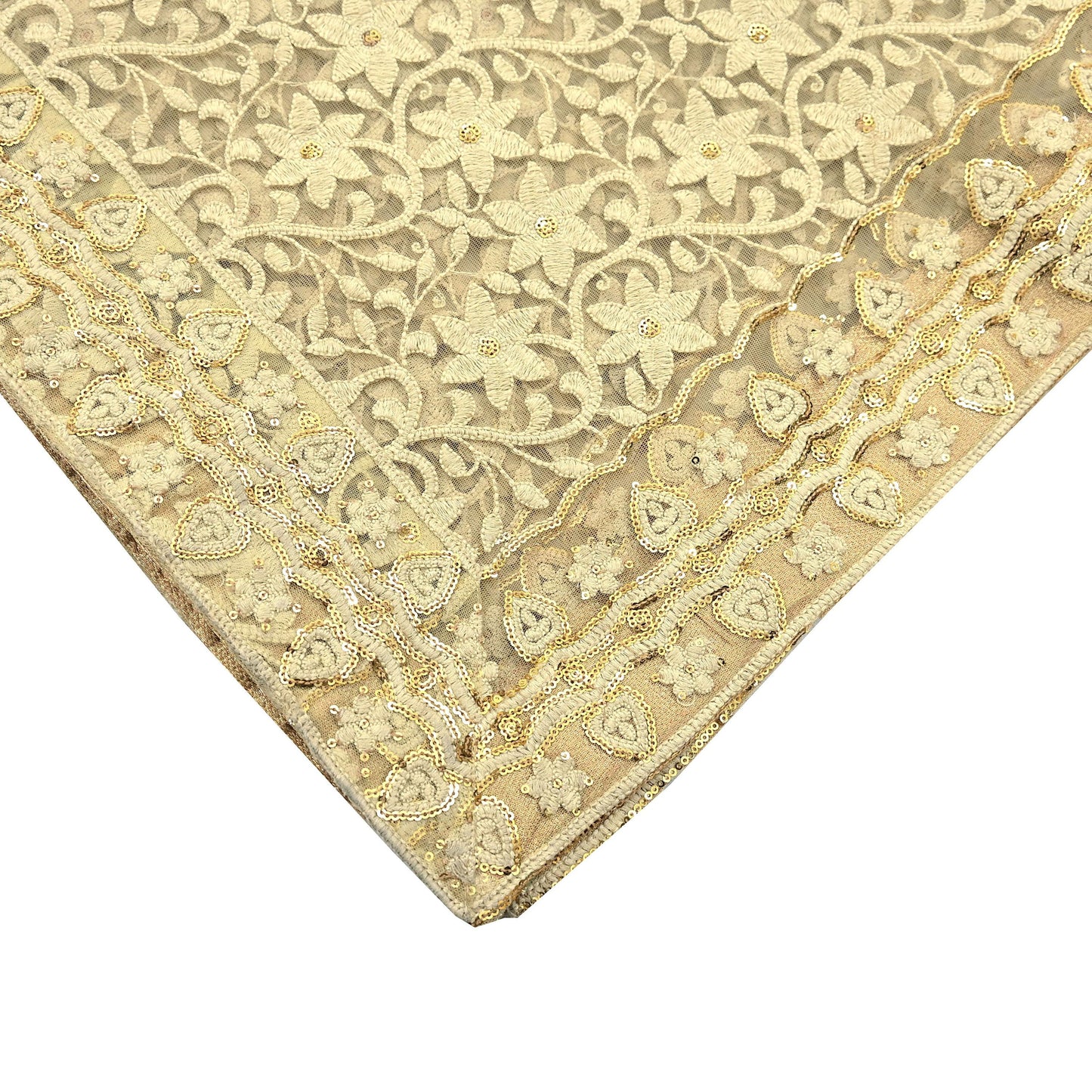 Indian Vintage Beige Dupatta Long Stole Net Mess Hand Embroidered Kantha Scarves Veil Hijab Sequins stole veil hijab