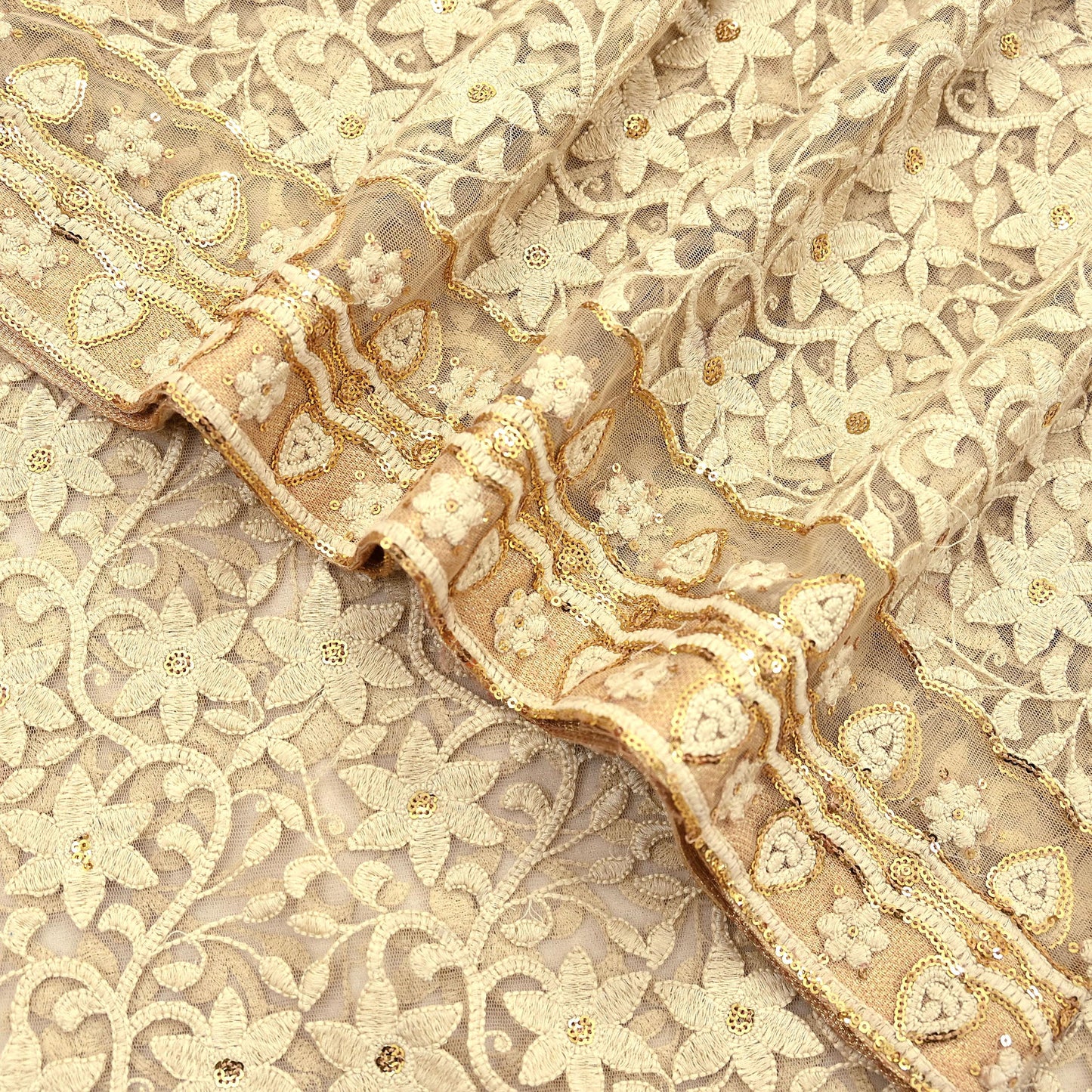 Indian Vintage Beige Dupatta Long Stole Net Mess Hand Embroidered Kantha Scarves Veil Hijab Sequins stole veil hijab