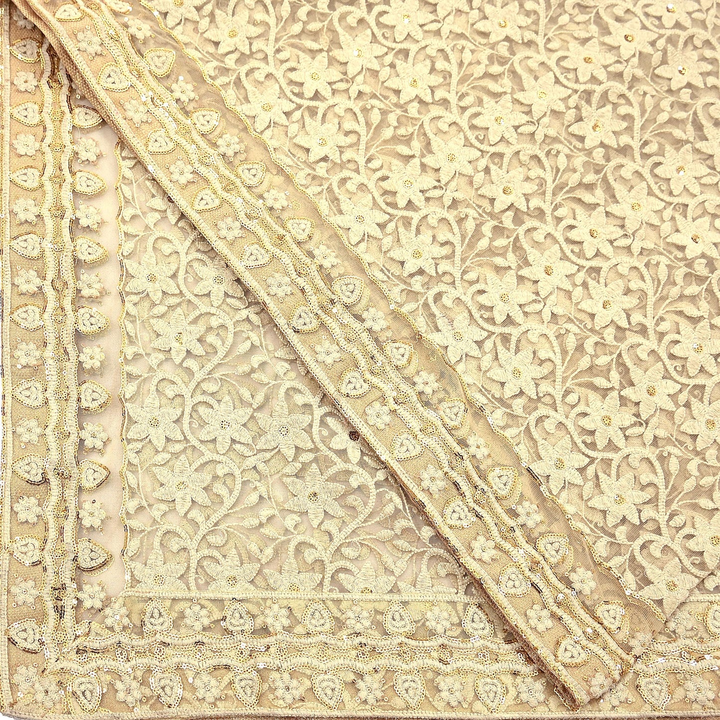 Indian Vintage Beige Dupatta Long Stole Net Mess Hand Embroidered Kantha Scarves Veil Hijab Sequins stole veil hijab