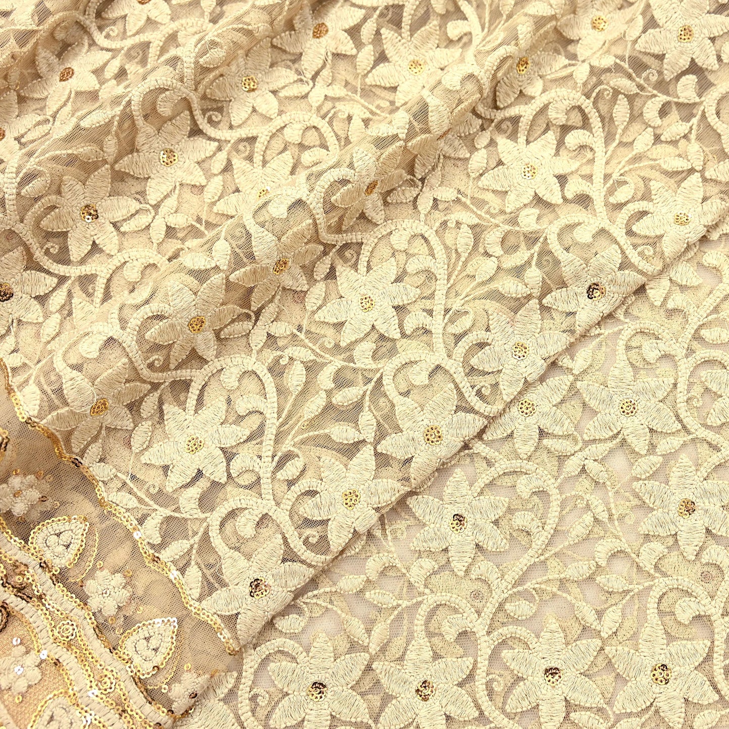 Indian Vintage Beige Dupatta Long Stole Net Mess Hand Embroidered Kantha Scarves Veil Hijab Sequins stole veil hijab