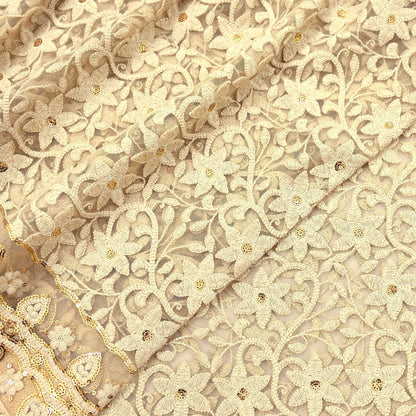 Indian Vintage Beige Dupatta Long Stole Net Mess Hand Embroidered Kantha Scarves Veil Hijab Sequins stole veil hijab
