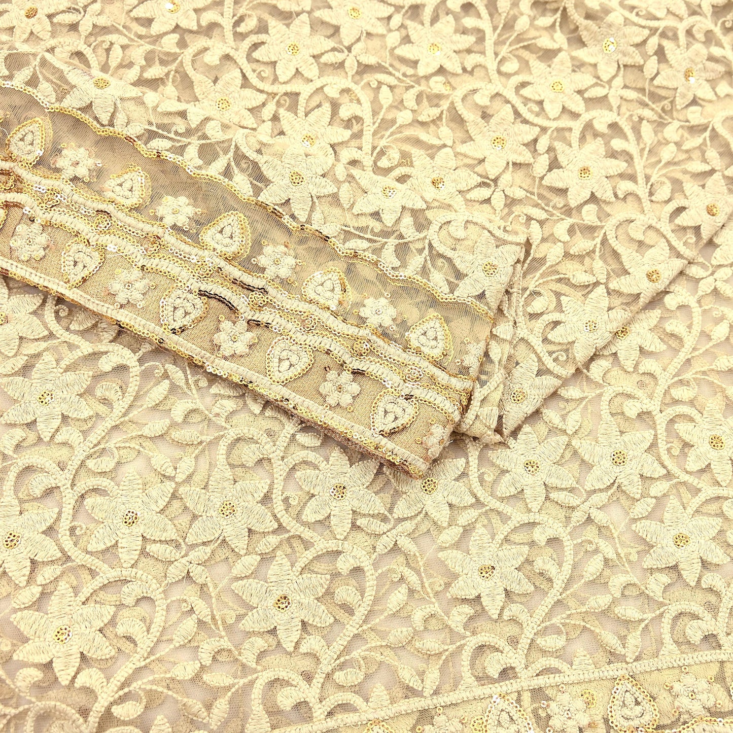 Indian Vintage Beige Dupatta Long Stole Net Mess Hand Embroidered Kantha Scarves Veil Hijab Sequins stole veil hijab