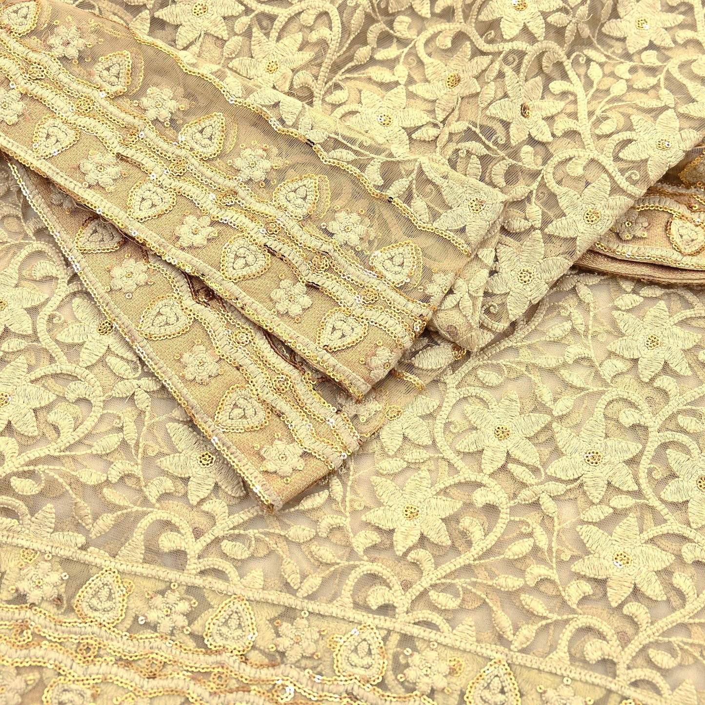 Indian Vintage Beige Dupatta Long Stole Net Mess Hand Embroidered Kantha Scarves Veil Hijab Sequins stole veil hijab