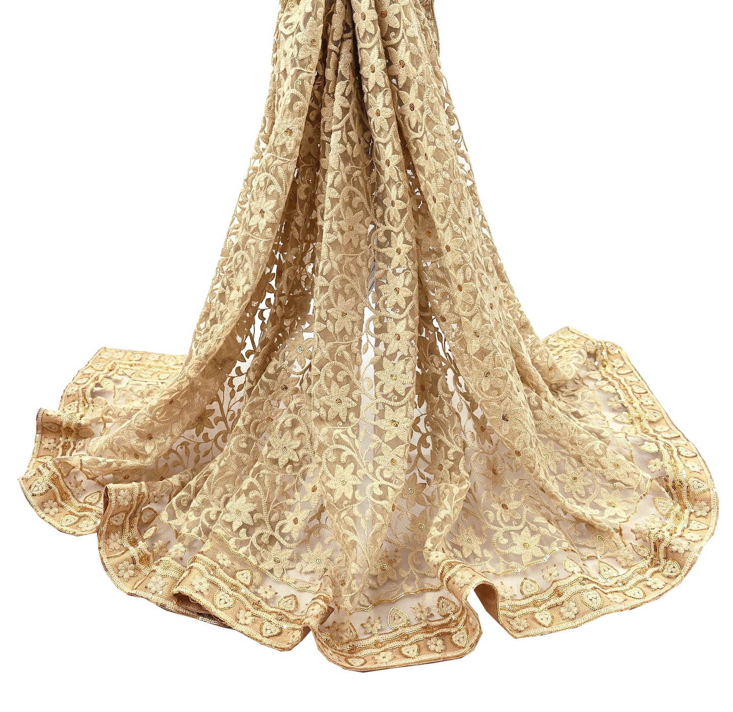 Indian Vintage Beige Dupatta Long Stole Net Mess Hand Embroidered Kantha Scarves Veil Hijab Sequins stole veil hijab