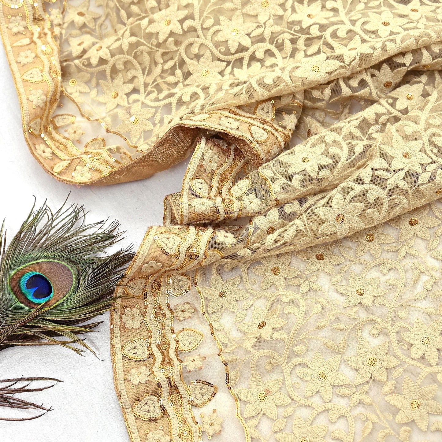 Indian Vintage Beige Dupatta Long Stole Net Mess Hand Embroidered Kantha Scarves Veil Hijab Sequins stole veil hijab