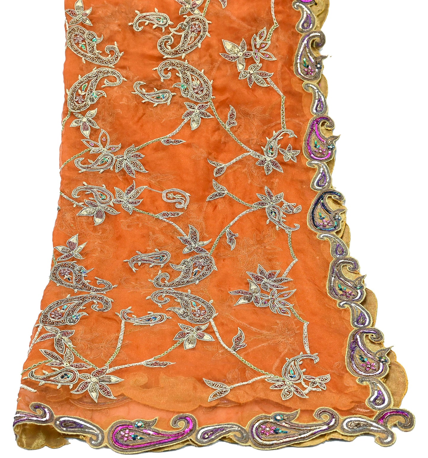 Indian Vintage wedding Heavy Orange Dupatta Tissue Silk Long Stole Hand Embroidered Scarf Zari Zardozi/Dabka