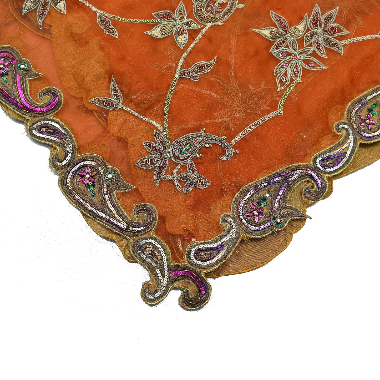 Indian Vintage wedding Heavy Orange Dupatta Tissue Silk Long Stole Hand Embroidered Scarf Zari Zardozi/Dabka