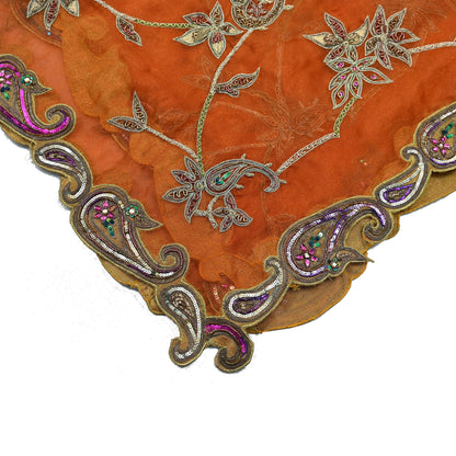 Indian Vintage wedding Heavy Orange Dupatta Tissue Silk Long Stole Hand Embroidered Scarf Zari Zardozi/Dabka