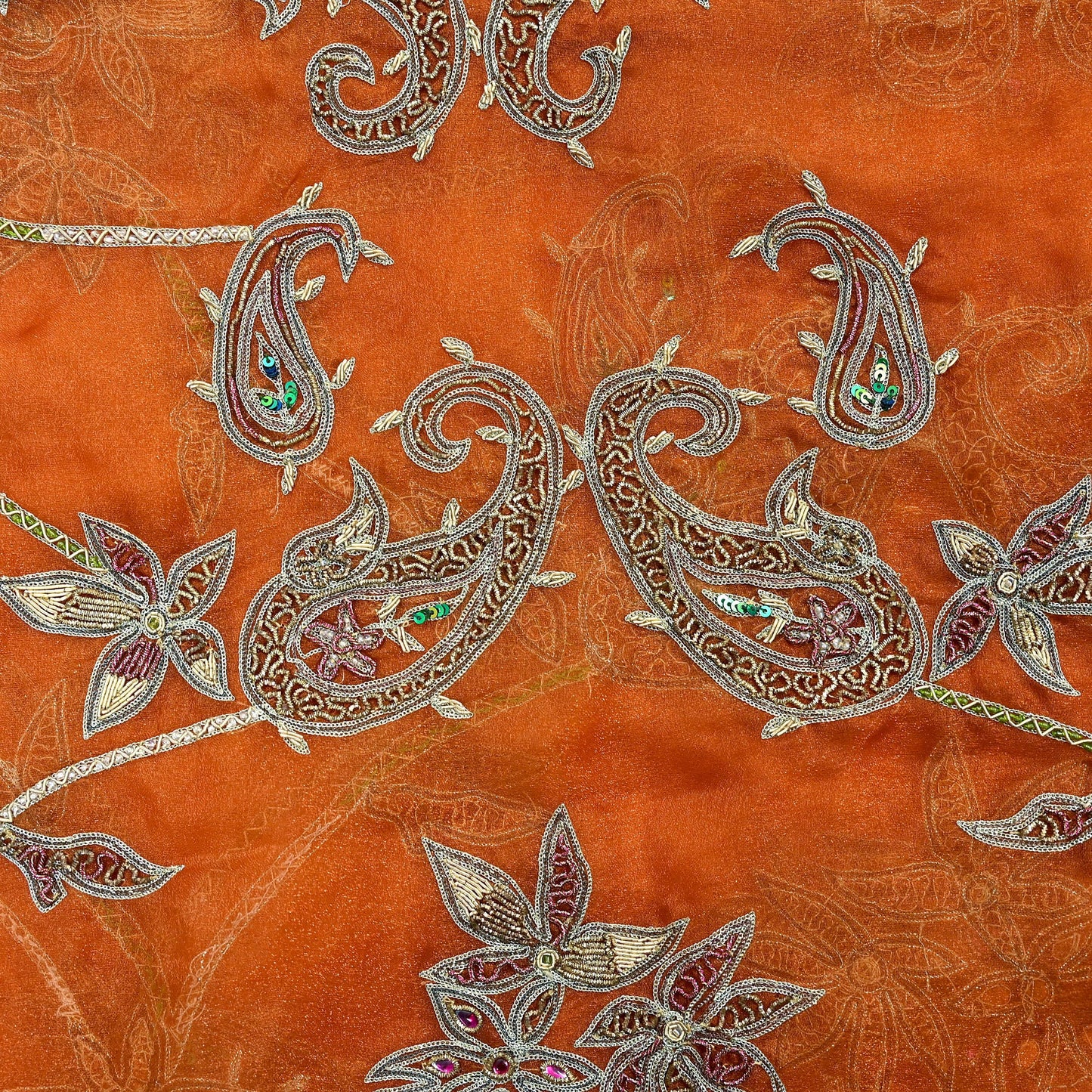 Indian Vintage wedding Heavy Orange Dupatta Tissue Silk Long Stole Hand Embroidered Scarf Zari Zardozi/Dabka