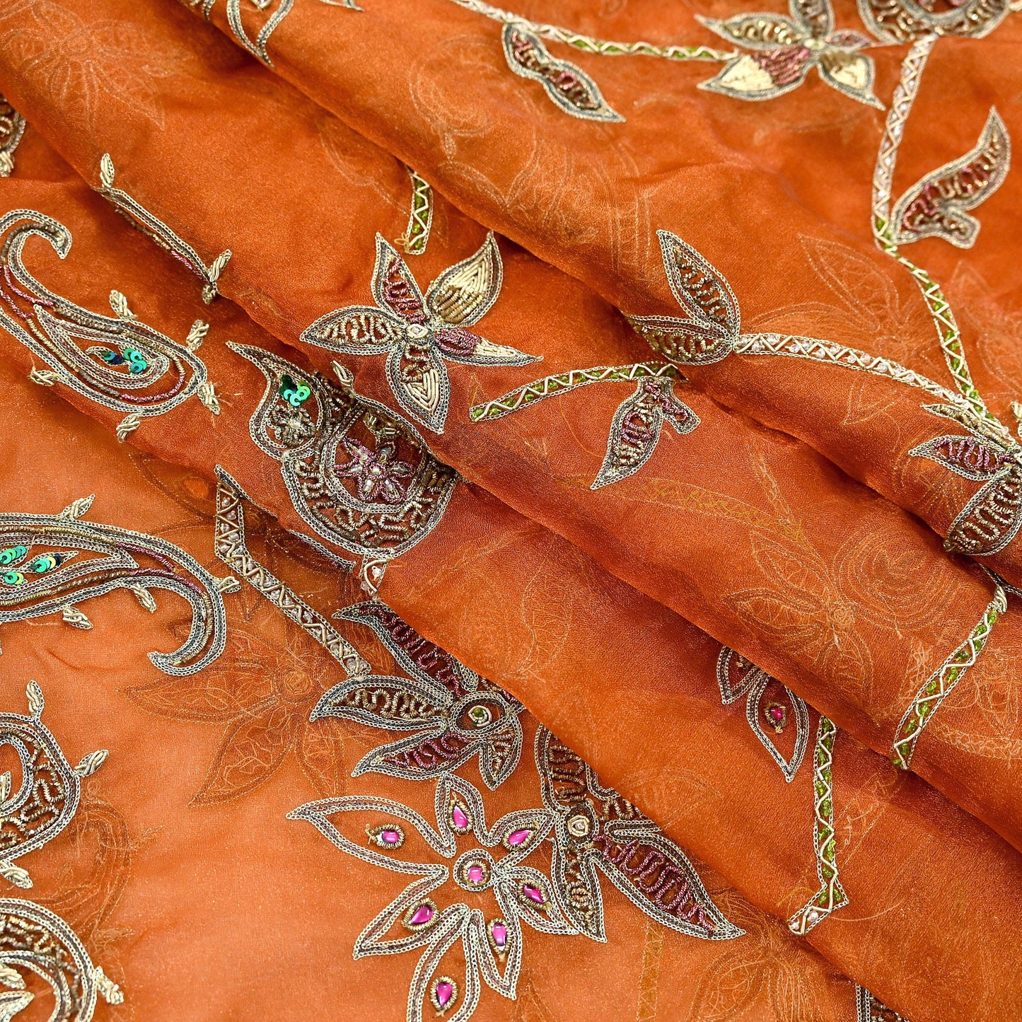 Indian Vintage wedding Heavy Orange Dupatta Tissue Silk Long Stole Hand Embroidered Scarf Zari Zardozi/Dabka
