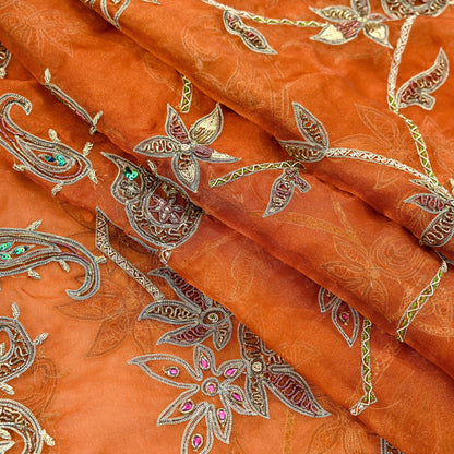 Indian Vintage wedding Heavy Orange Dupatta Tissue Silk Long Stole Hand Embroidered Scarf Zari Zardozi/Dabka