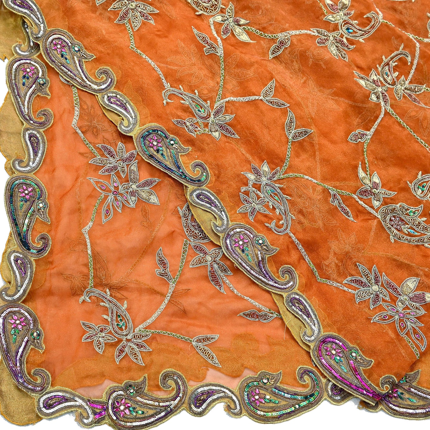 Indian Vintage wedding Heavy Orange Dupatta Tissue Silk Long Stole Hand Embroidered Scarf Zari Zardozi/Dabka