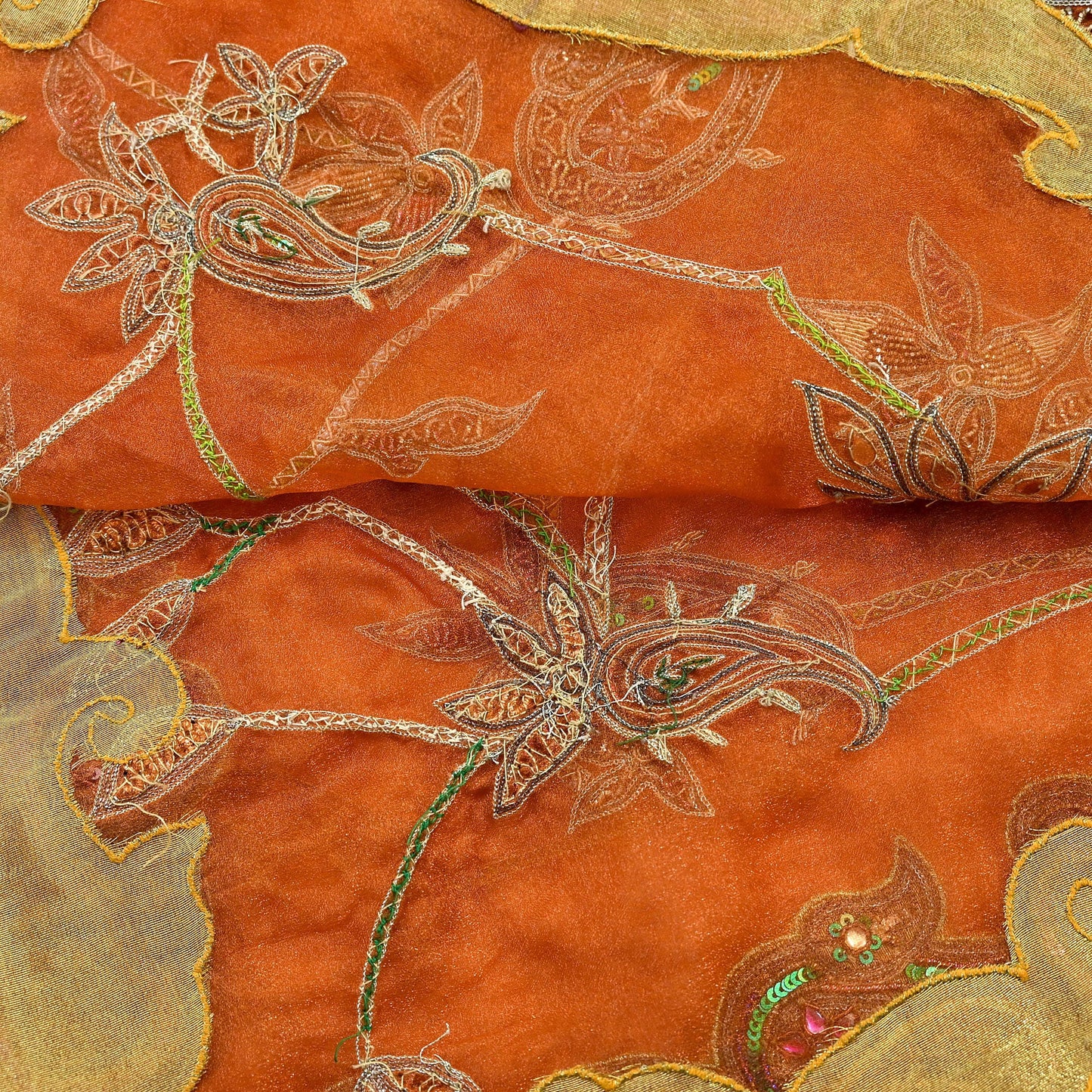 Indian Vintage wedding Heavy Orange Dupatta Tissue Silk Long Stole Hand Embroidered Scarf Zari Zardozi/Dabka