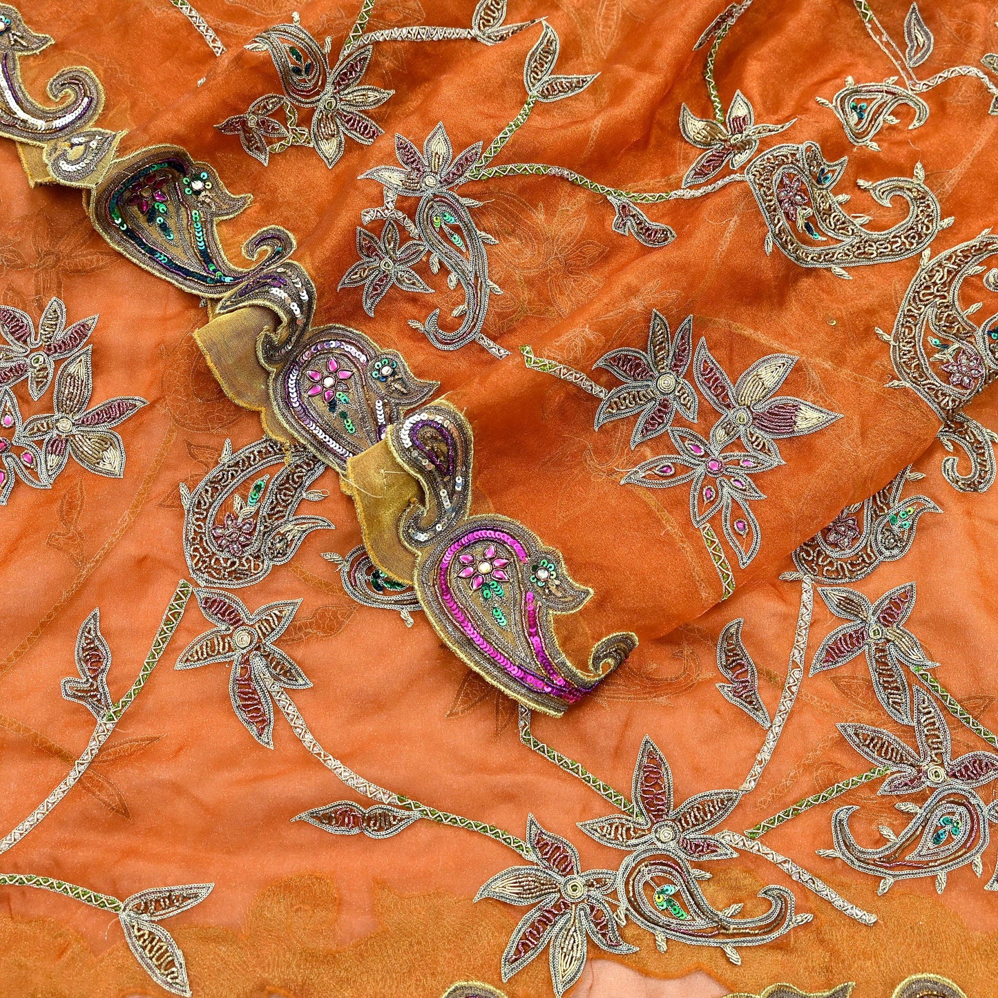Indian Vintage wedding Heavy Orange Dupatta Tissue Silk Long Stole Hand Embroidered Scarf Zari Zardozi/Dabka