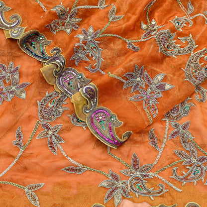 Indian Vintage wedding Heavy Orange Dupatta Tissue Silk Long Stole Hand Embroidered Scarf Zari Zardozi/Dabka