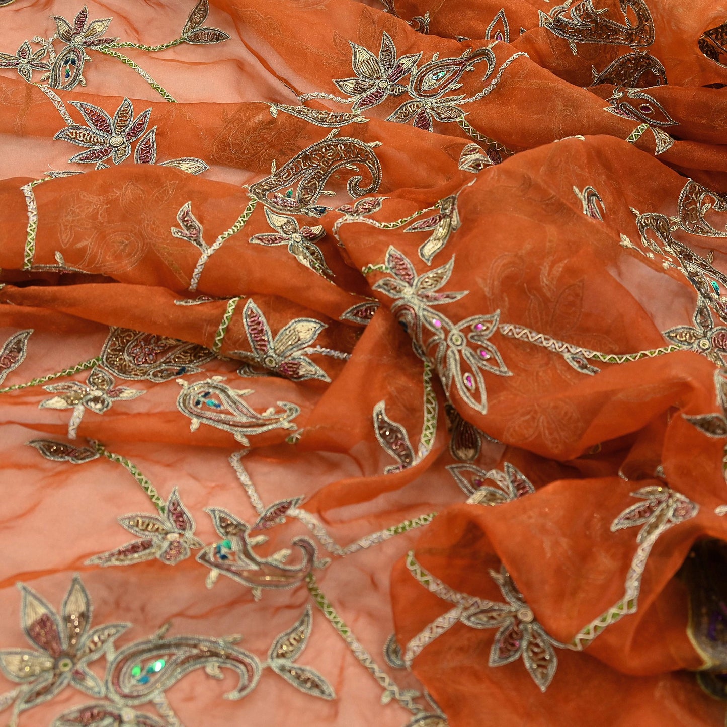 Indian Vintage wedding Heavy Orange Dupatta Tissue Silk Long Stole Hand Embroidered Scarf Zari Zardozi/Dabka