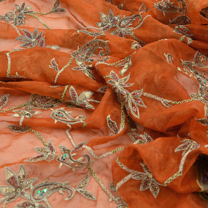 Indian Vintage wedding Heavy Orange Dupatta Tissue Silk Long Stole Hand Embroidered Scarf Zari Zardozi/Dabka