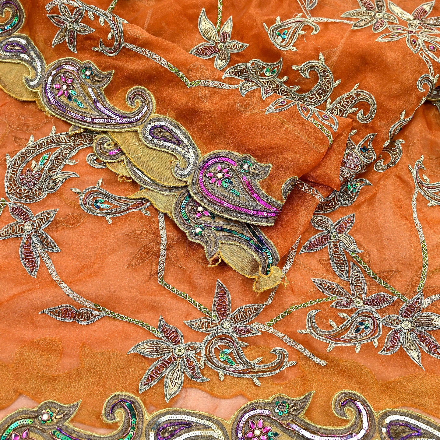 Indian Vintage wedding Heavy Orange Dupatta Tissue Silk Long Stole Hand Embroidered Scarf Zari Zardozi/Dabka
