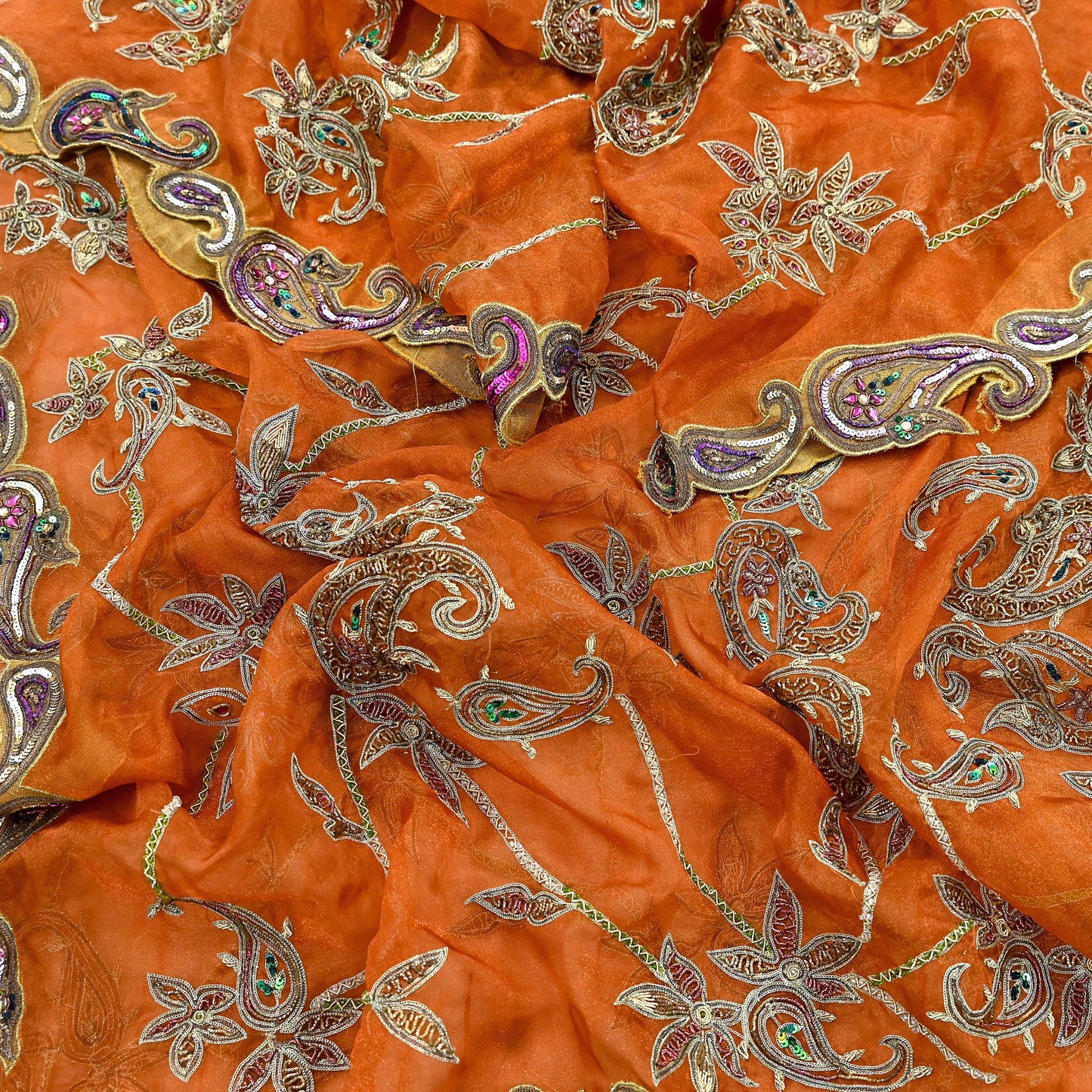 Indian Vintage wedding Heavy Orange Dupatta Tissue Silk Long Stole Hand Embroidered Scarf Zari Zardozi/Dabka