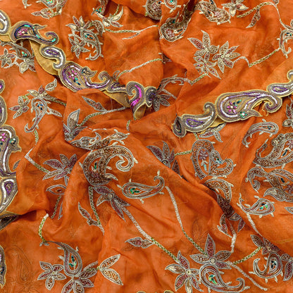 Indian Vintage wedding Heavy Orange Dupatta Tissue Silk Long Stole Hand Embroidered Scarf Zari Zardozi/Dabka