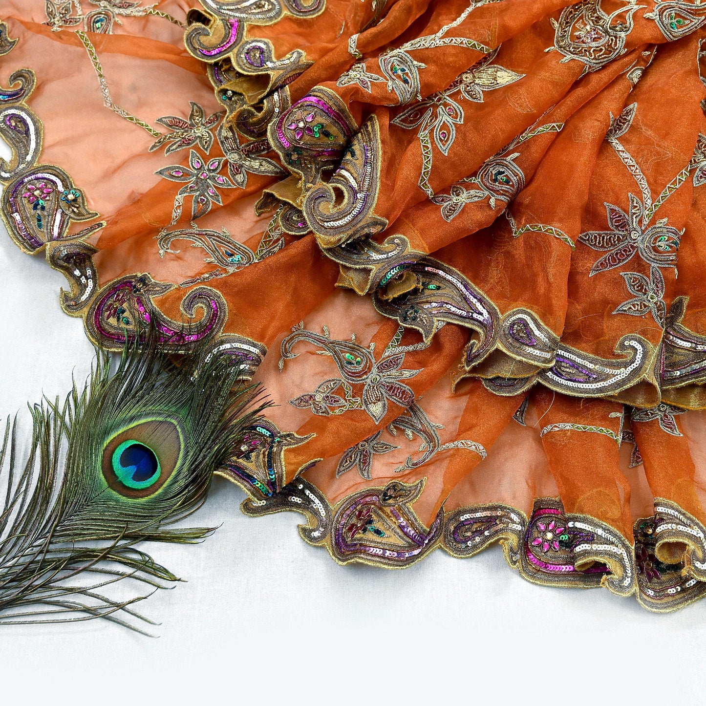 Indian Vintage wedding Heavy Orange Dupatta Tissue Silk Long Stole Hand Embroidered Scarf Zari Zardozi/Dabka