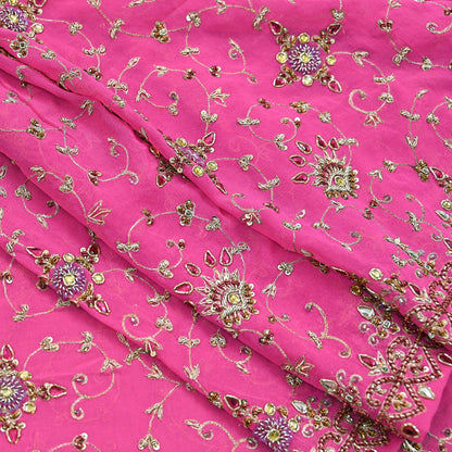 Indian Vintage Heavy Pink Bridal Dupatta Pure Georgette Silk Hand Embroidered Zardozi, Dabka, Zari Work Party Wear Long Stole