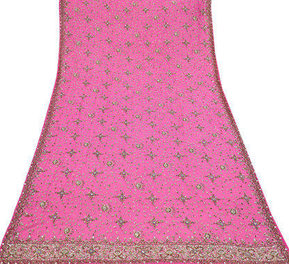 Indian Vintage Heavy Pink Bridal Dupatta Pure Georgette Silk Hand Embroidered Zardozi, Dabka, Zari Work Party Wear Long Stole