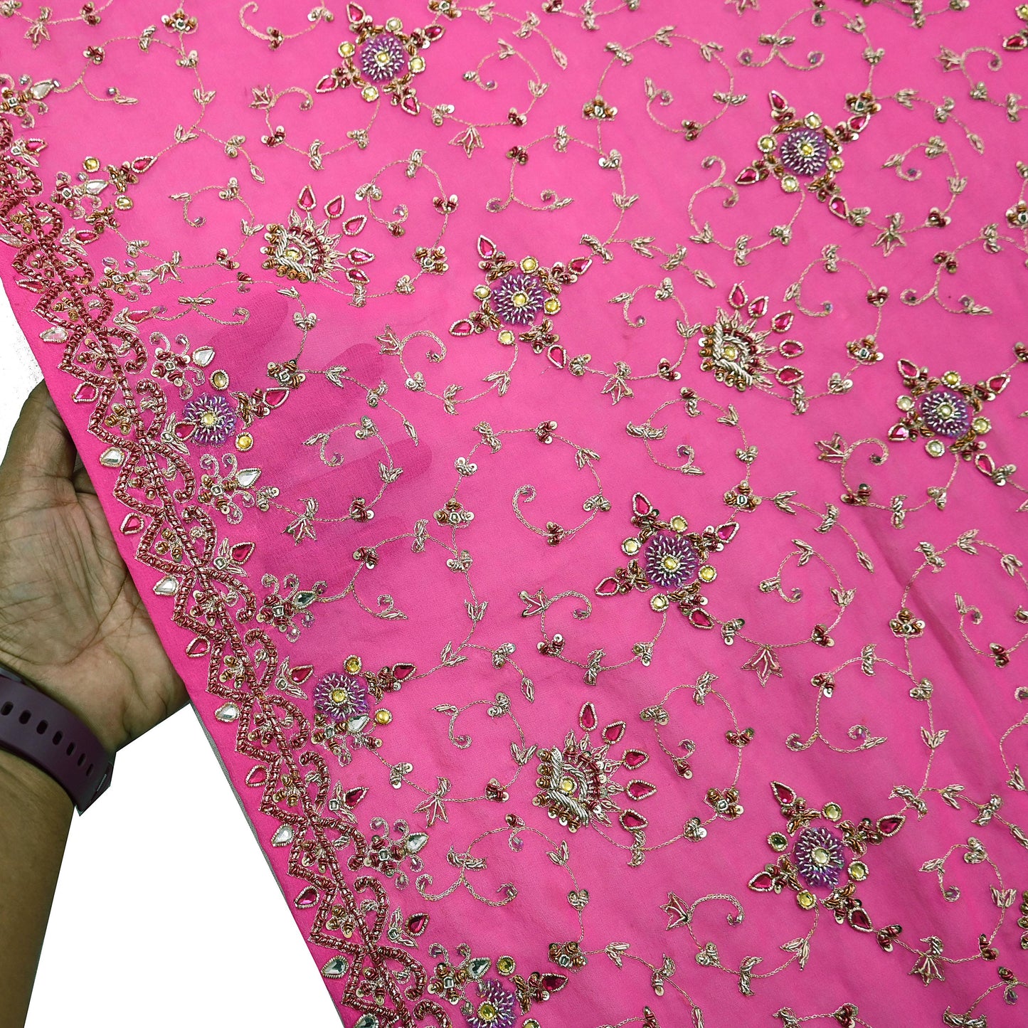 Indian Vintage Heavy Pink Bridal Dupatta Pure Georgette Silk Hand Embroidered Zardozi, Dabka, Zari Work Party Wear Long Stole