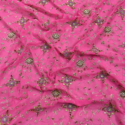 Indian Vintage Heavy Pink Bridal Dupatta Pure Georgette Silk Hand Embroidered Zardozi, Dabka, Zari Work Party Wear Long Stole
